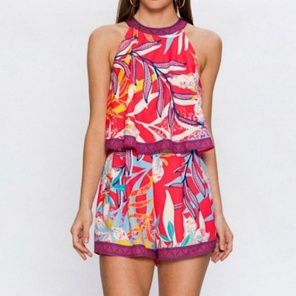 Flying Tomato floral leaf red romper S NWT